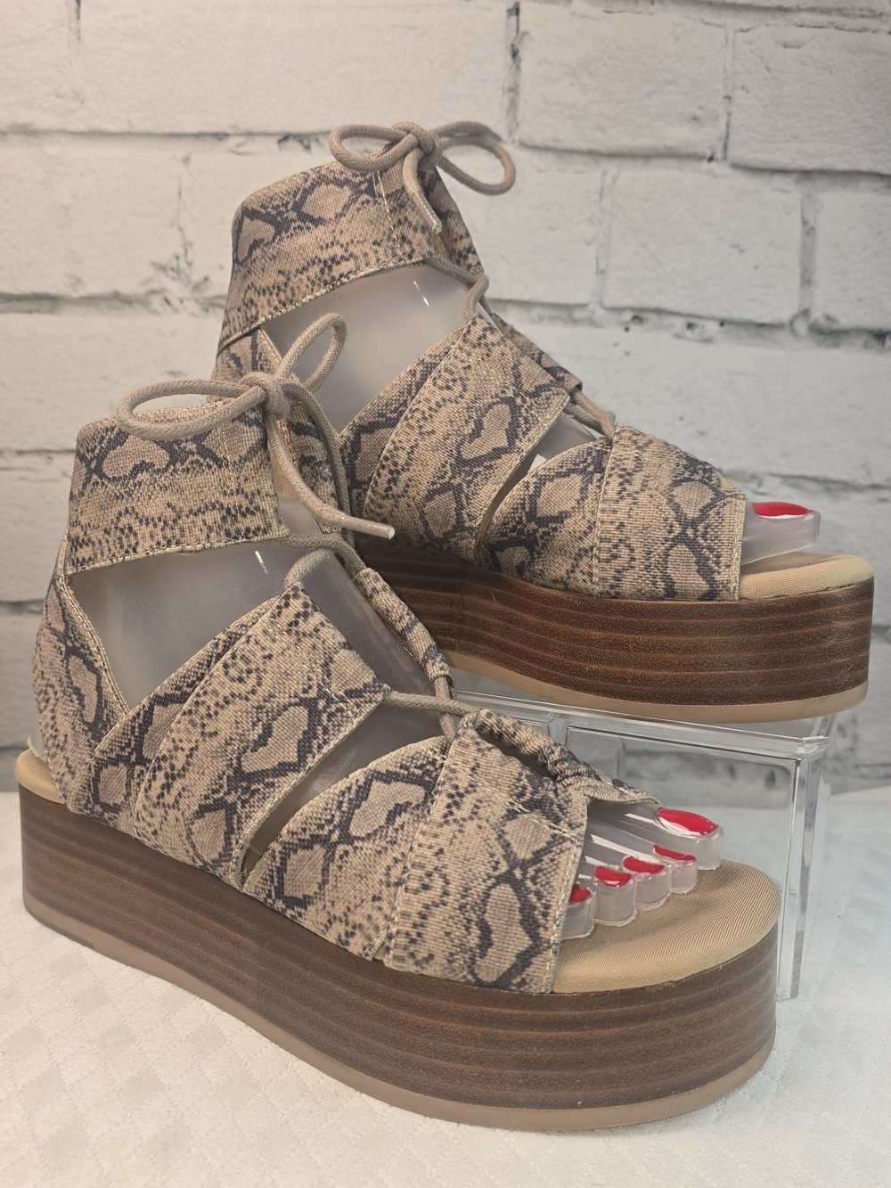 KELSI DAGGER SNAKE SKIN BEIGE LACE-UP PLATFORM SANDAL BOHO Y2K WOMENS 5.5